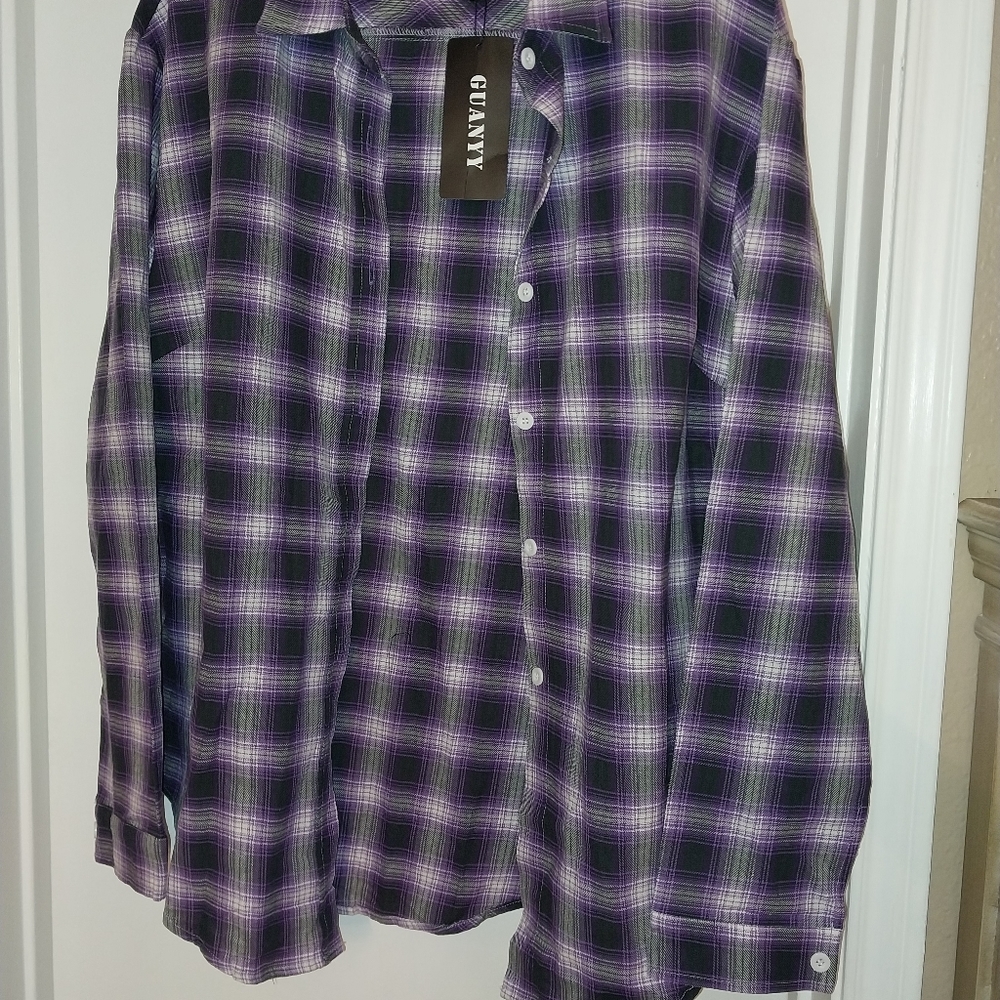 Guanyy Women Long Sleeve Shirt Purple & Black Plaid Size Medium